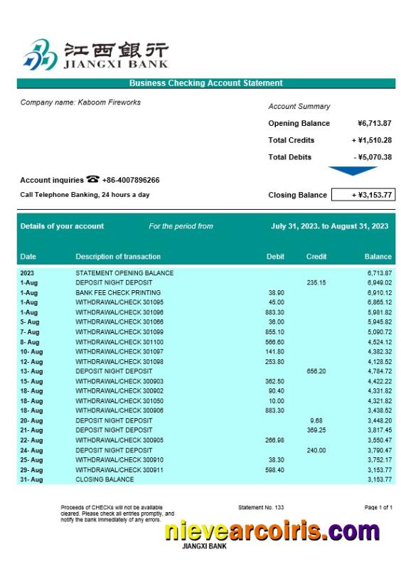 Jiangxi Bank business checking account statement